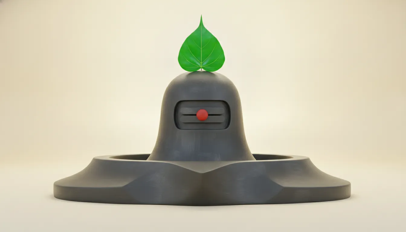 A modern, clean, minimalistic digital artistic presentation of an image of shivling with bilva patra against a smooth gradient background.