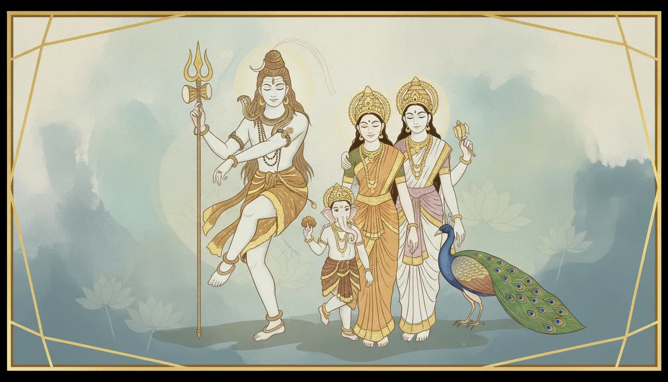 Elegant minimalist outline art of Shiva family with subtle gold foil decorations