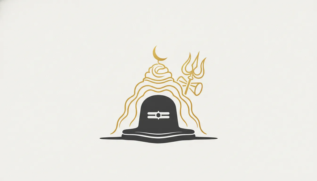 Clean minimalist vector design featuring a gold line art of Lord Shiva and a simple elegant Shivling on a matte white background.