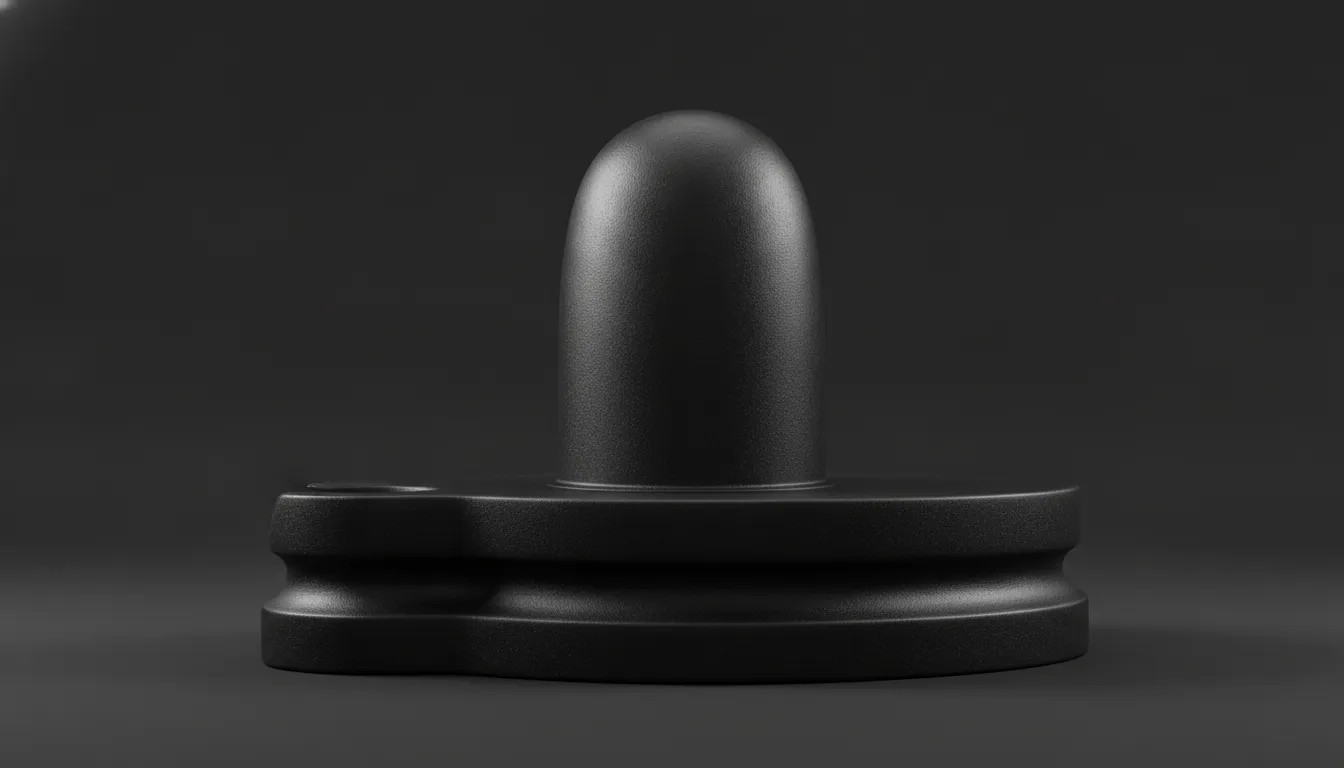 Minimalist full HD studio shot of a black stone Shivling against a dark background.