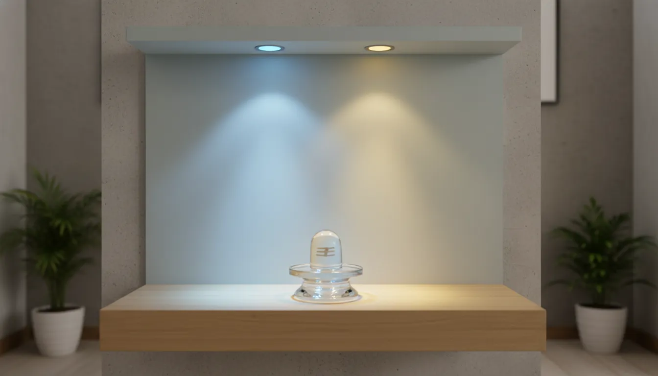 Modern minimalist glass and wood mandir design for Shivling in a compact apartment.