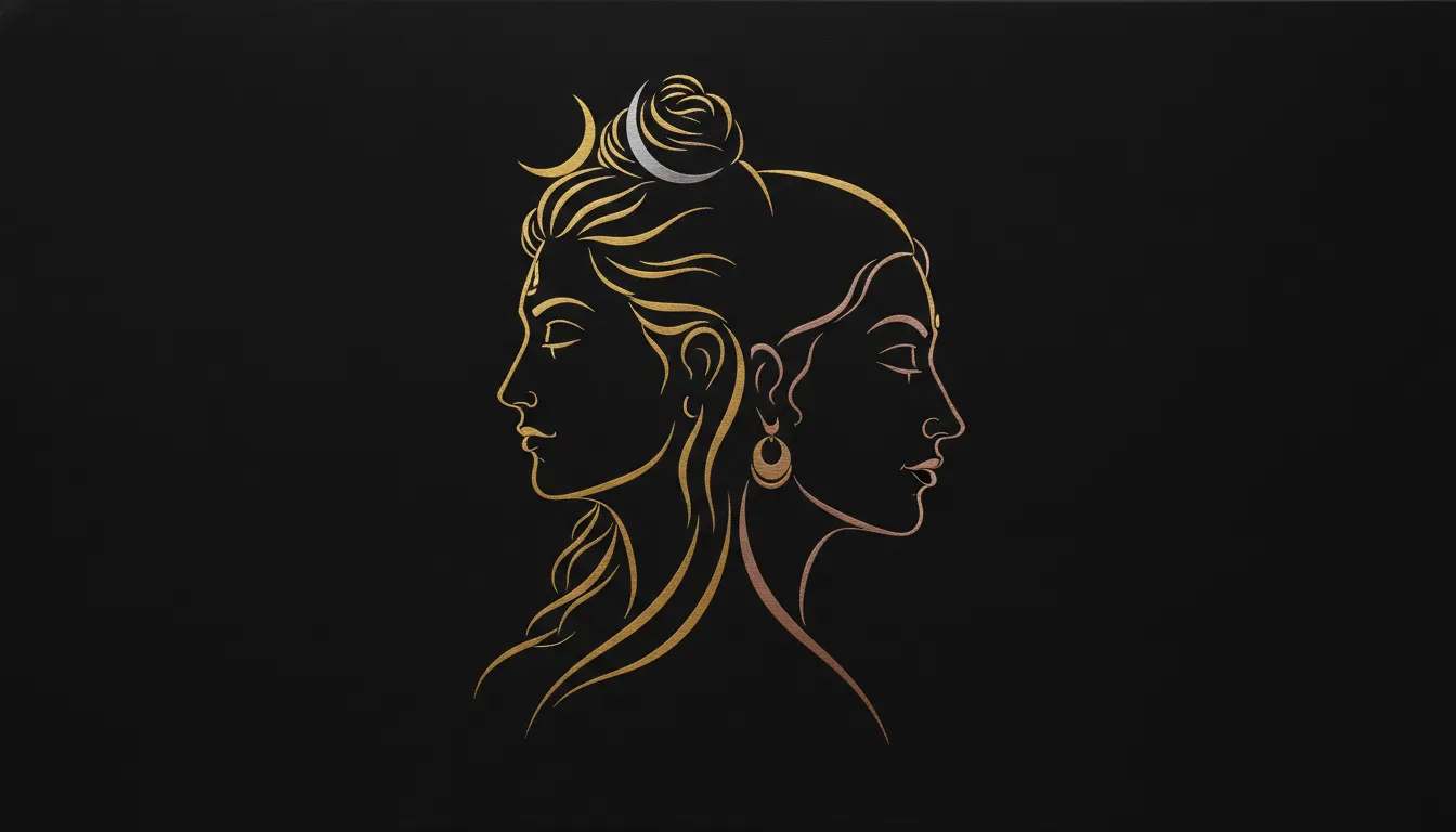 Modern minimalist golden line art of Lord Shiva and Parvati on dark background