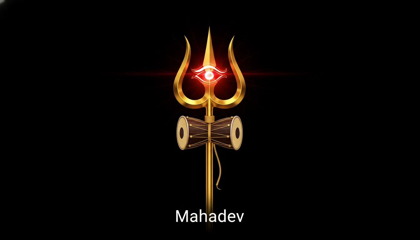 Abstract minimalist digital art featuring a golden Trishul and a red third eye.
