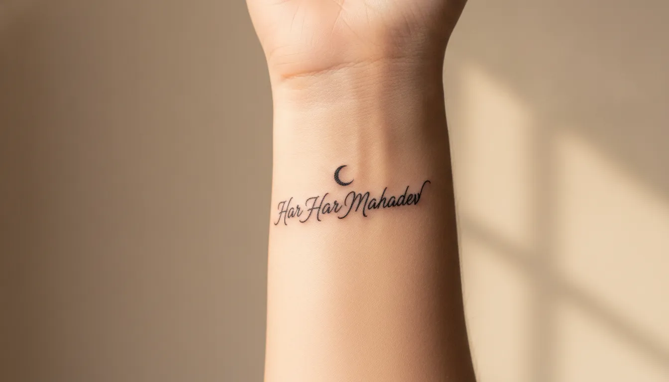 Simple and elegant Har Har Mahadev tattoo photo on a female wrist in fine line font.