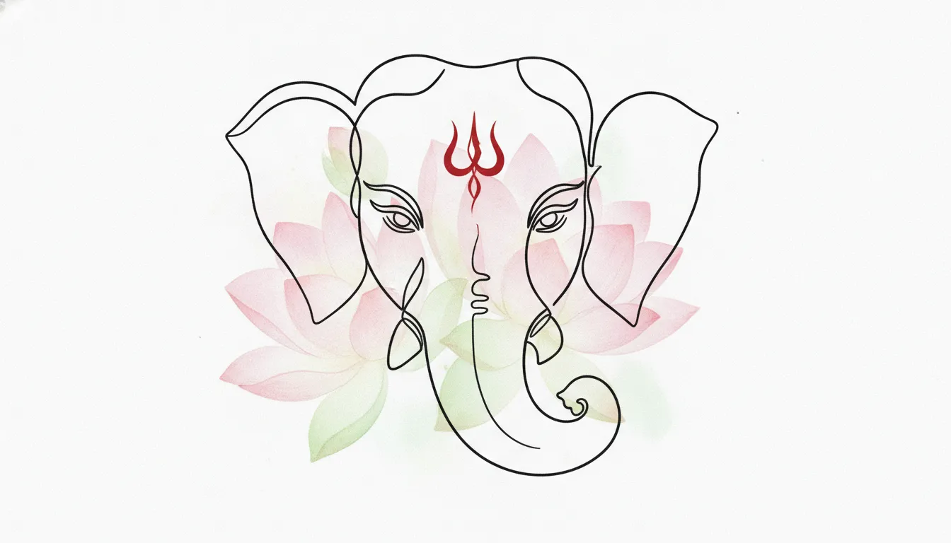Minimal line drawing of Ganesha’s face and trunk surrounded by soft pink watercolor lotus blossoms.