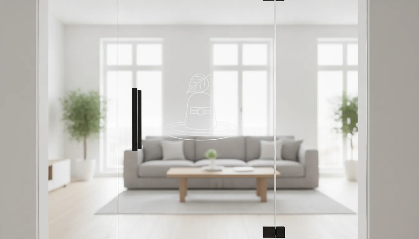 A minimalist clear glass door with clean white line art depicting a sacred Shivling for a modern apartment.