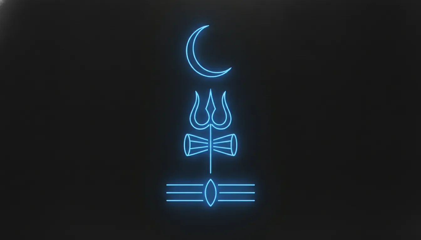 A clean minimalist line art design of Lord Shiva's Trishul, crescent moon, and third eye.
