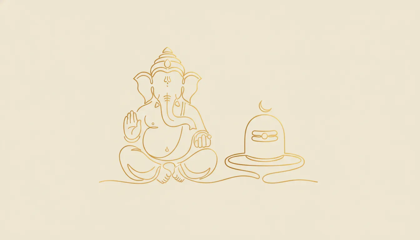 Elegant minimalist line art of Lord Ganesha sitting next to a Shivling.