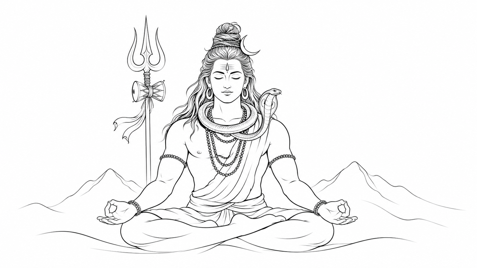 A minimalist black line art drawing of Lord Shiva meditating against a clean white background.
