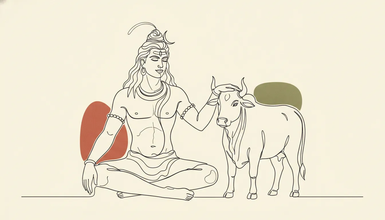 A minimalist continuous line art drawing of Lord Shiva resting against Nandi on a warm pastel background.