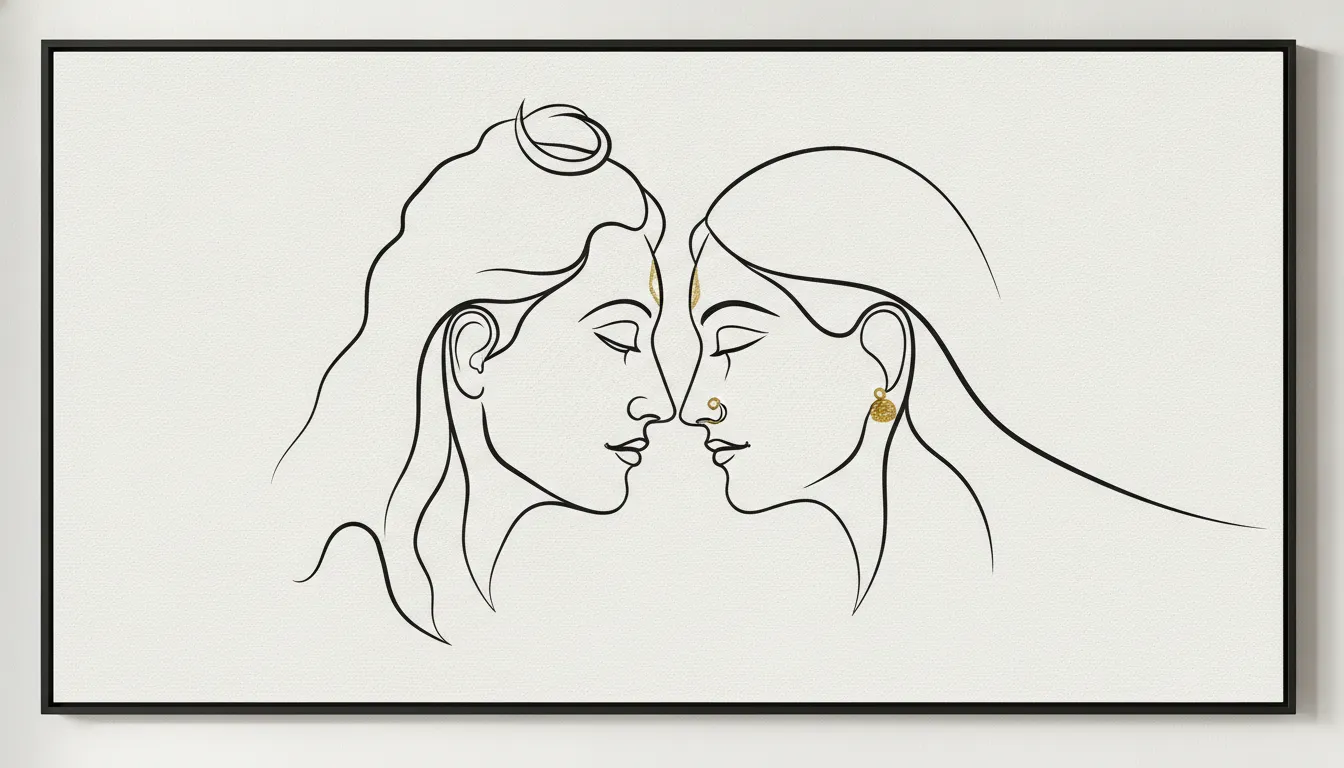 Modern minimalist single-line drawing of Shiva and Parvati faces with gold foil accents