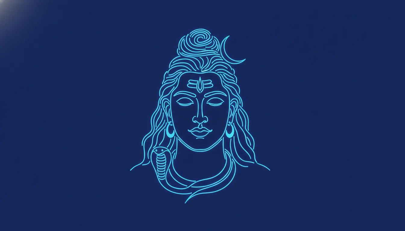 Minimalist white line art vector design of Lord Shiva on a dark blue background