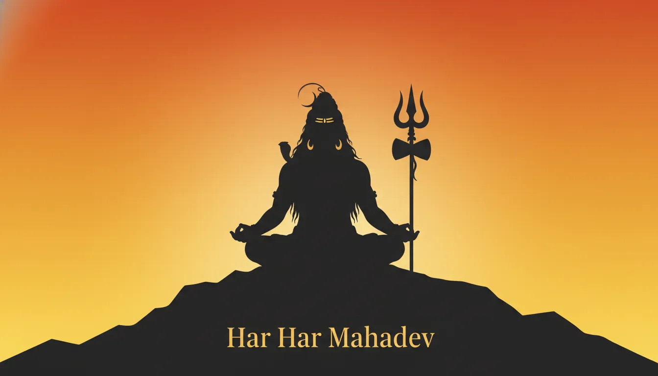 Elegant minimalist silhouette wallpaper of Har Har Mahadev against a sunrise sky.
