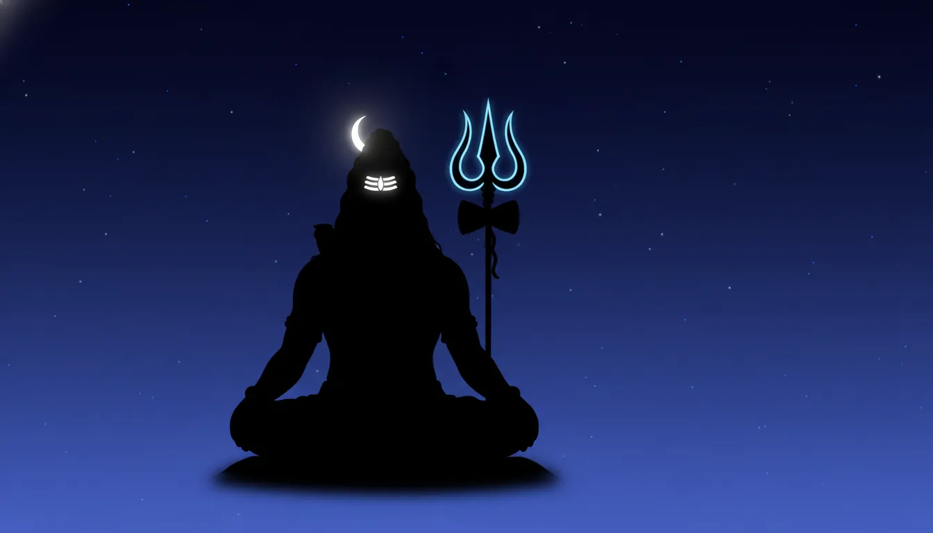 Minimalist Mahadev full screen photo silhouette with a glowing crescent moon and blue cosmic galaxy background.