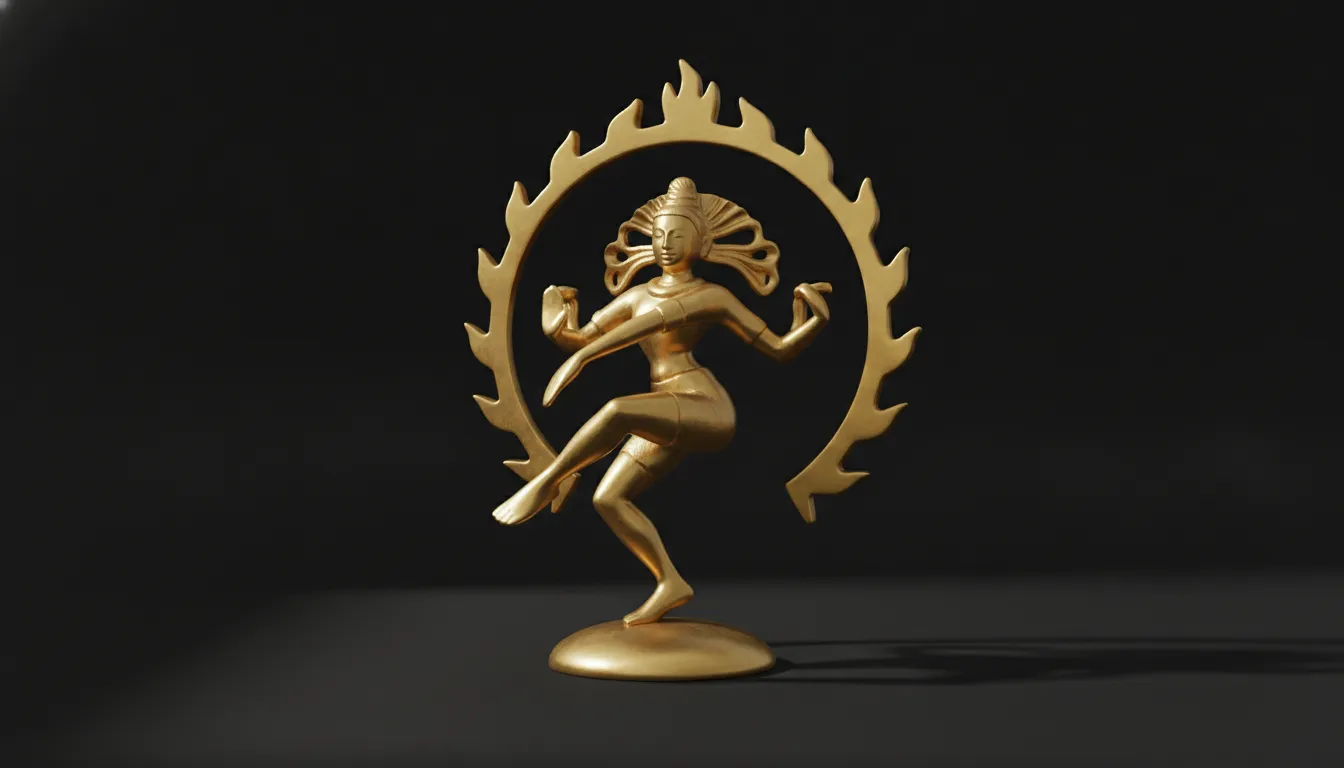 A sleek minimalist golden Nataraja statue with clean lines against a solid matte black wall.