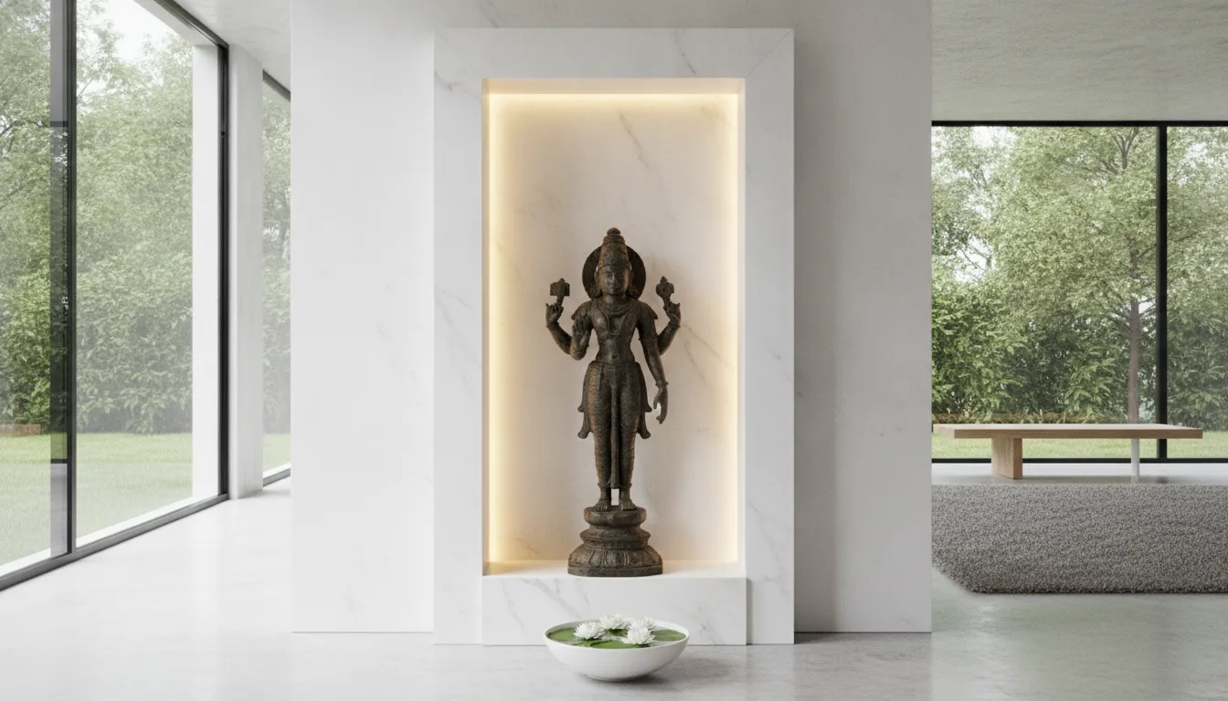 A minimalist white marble home temple featuring a single bronze Hindu deity statue with subtle LED backlighting.