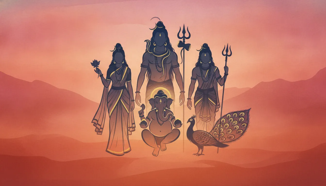 Minimalist vector line art of Shiva family portrait against a warm sunset gradient
