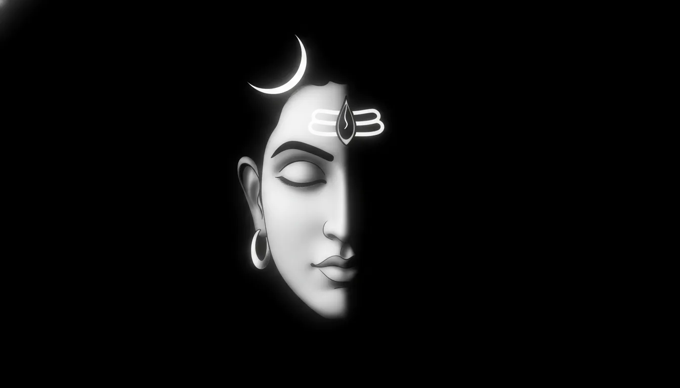 Clean black and white digital sketch of Lord Shiva face with half-lit contrast and a dark backdrop.
