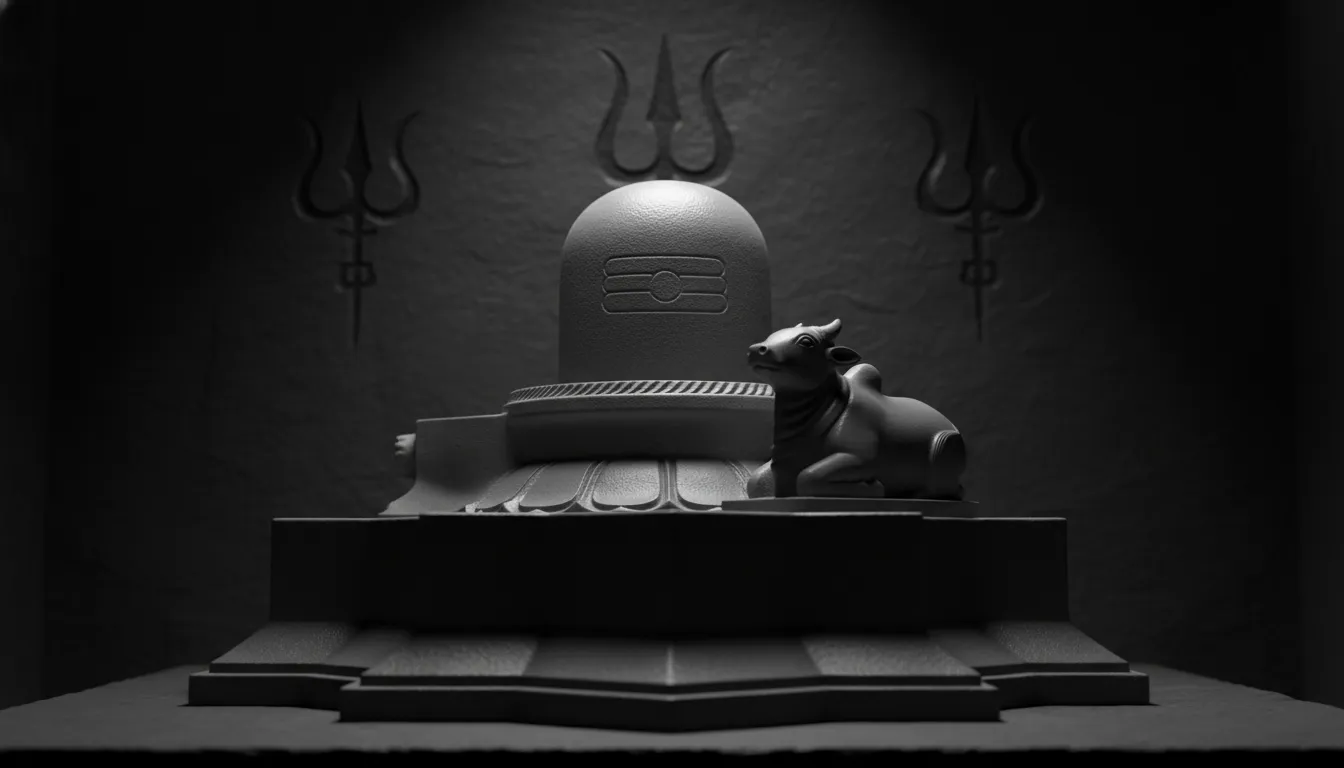 Minimalist 1080p HD monochrome image of carved Bholenath Shivling and Nandi bull art.