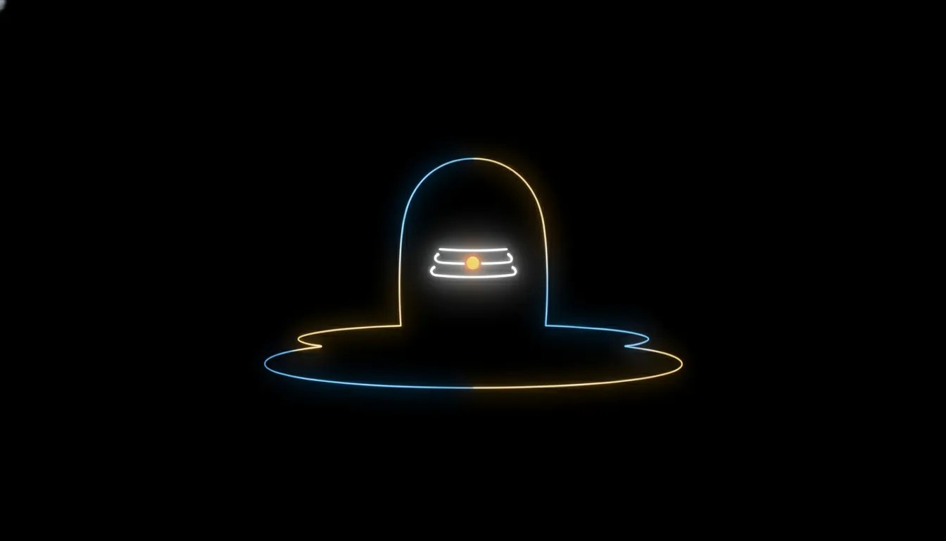 A modern digital artwork of a minimalist Shivling silhouette glowing with soft blue and gold neon lines.