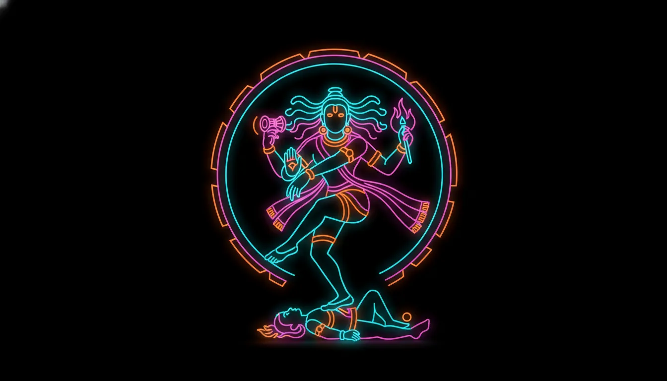 A minimalist vector design of Nataraja using bright neon glowing lines on a solid dark black background.