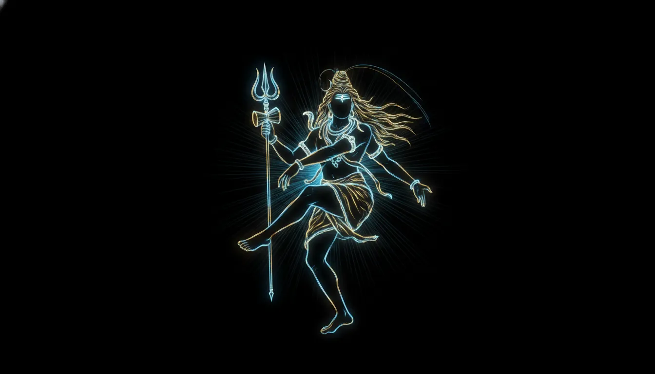 Glowing neon line art of Lord Shiva in a powerful Tandava pose.