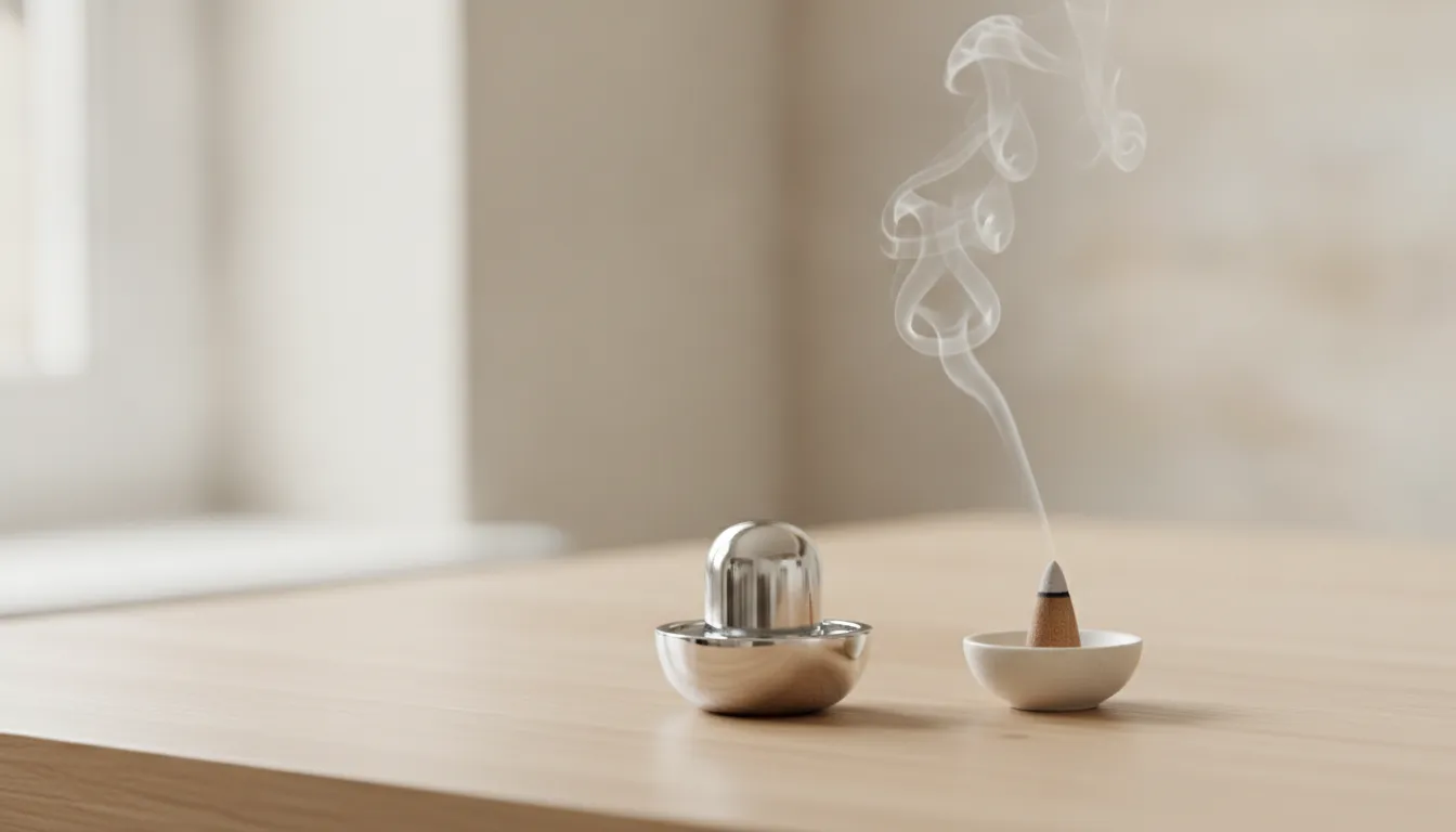 A small minimalist parad shivling kept on a light colored wooden table next to a burning incense stick cone