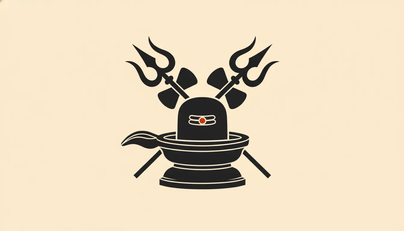 A minimalist 2D silhouette illustration of a sacred Shivling with a crossed Trishul behind it, designed in sharp vector graphics on a solid background.