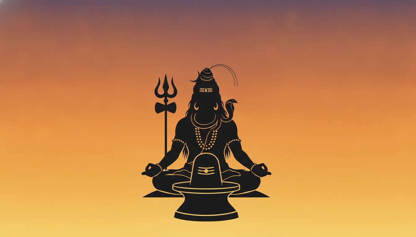 A clean minimalist silhouette of Lord Shiva meditating behind a Shivling against a vibrant orange and purple sunset sky.