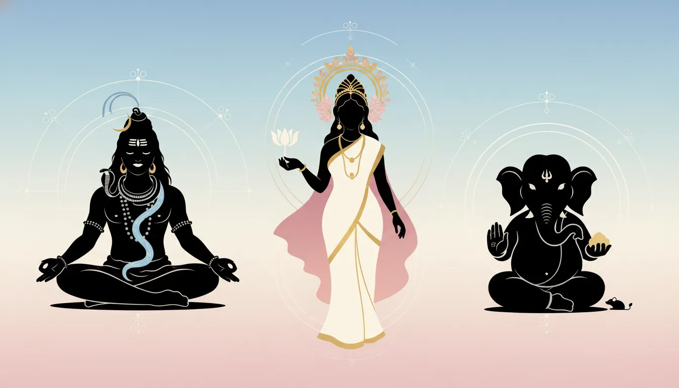 Minimalist vector graphic illustration of Shiva Parvati and Ganesha with clean lines
