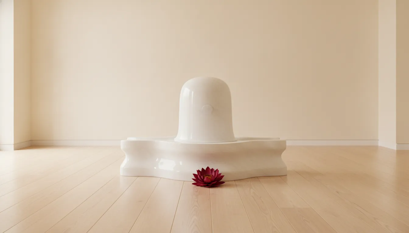 Full hd images of shivling crafted from pure white Makrana marble inside a clean minimalist home temple.