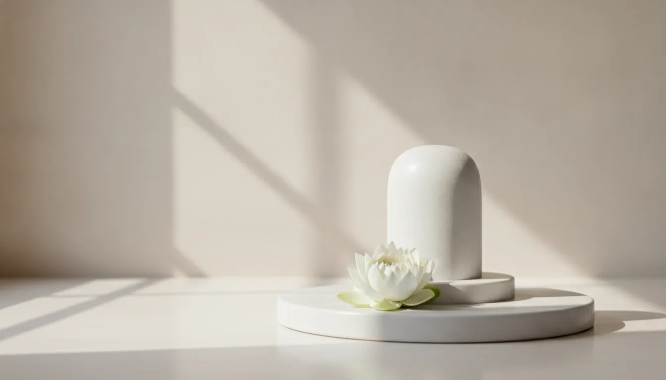 Pure white marble Shivling placed in a clean minimalist room with soft natural shadows and a single white lotus flower