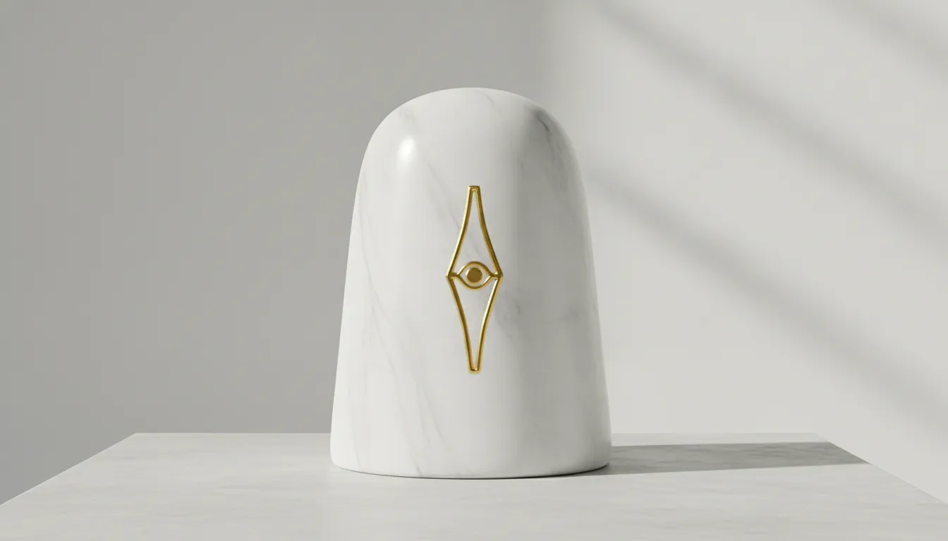 A clean, modern minimalist white marble Shivling featuring a simple, elegant golden line art outline of Shiva's eye.