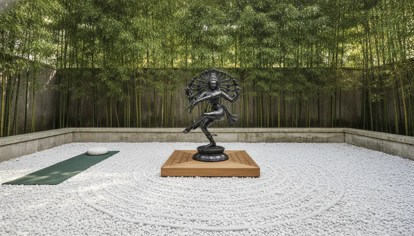 A dark bronze Shiva Nataraja statue placed on a minimalist wooden deck surrounded by smooth white river pebbles and bamboo trees.