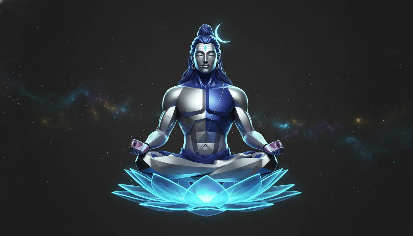 A modern 3D digital sculpture of Lord Shiva sitting in meditation on a glowing lotus platform.