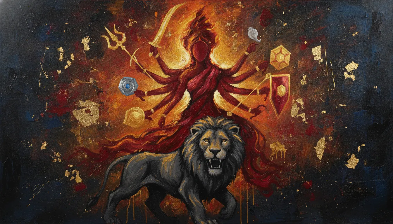 A modern abstract art piece representing Goddess Durga and her lion with bold colors and shapes