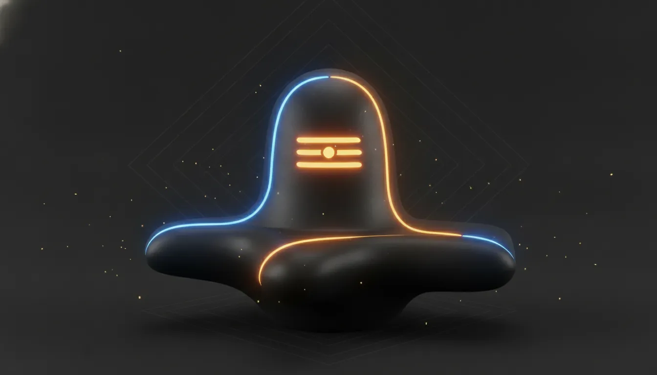 A modern spiritual digital artwork of a Shivling glowing with brilliant blue and gold energetic light streams.