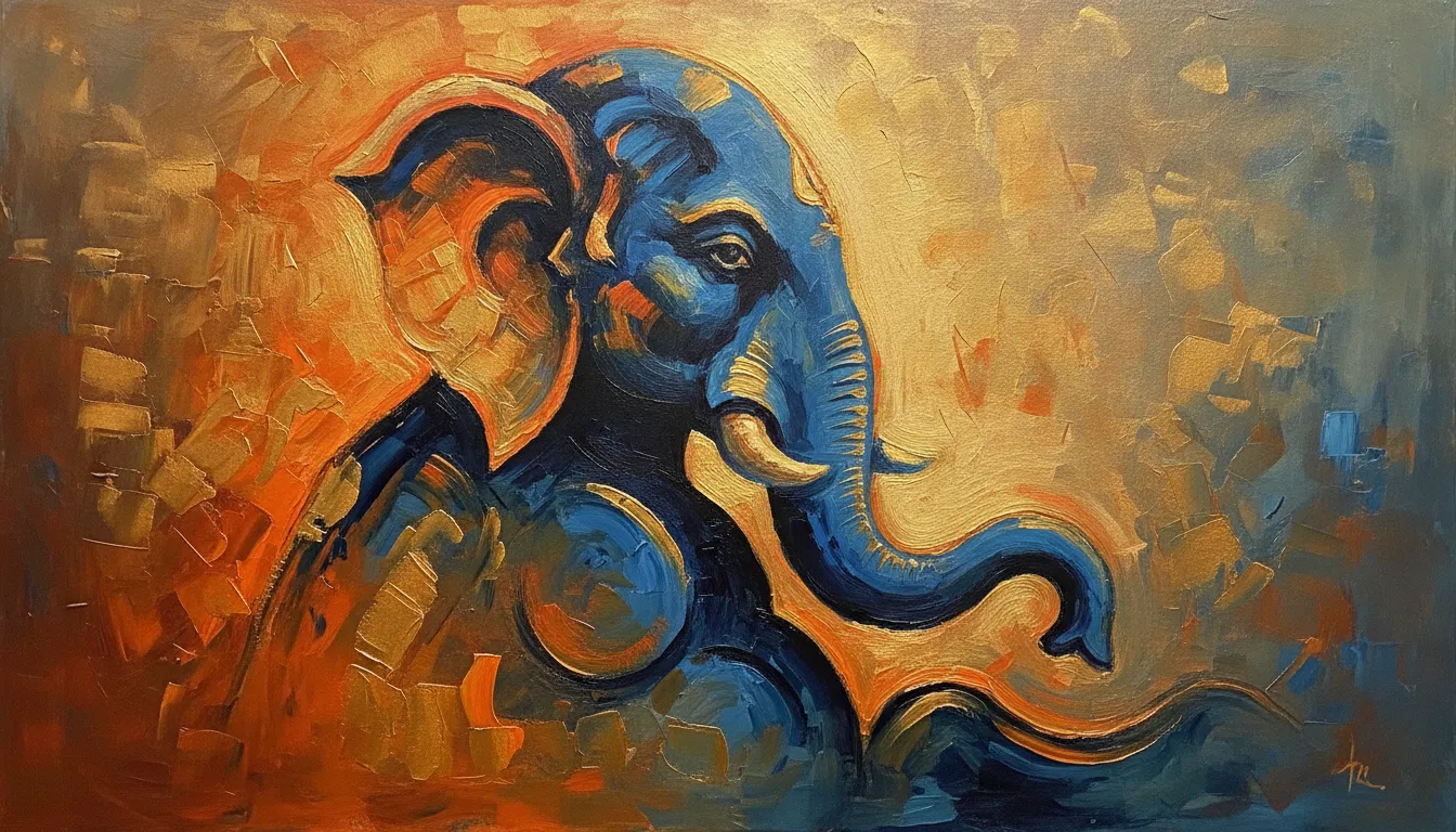 A contemporary abstract painting of Lord Ganesha using bold brushstrokes of orange, blue, and gold with geometric shapes.