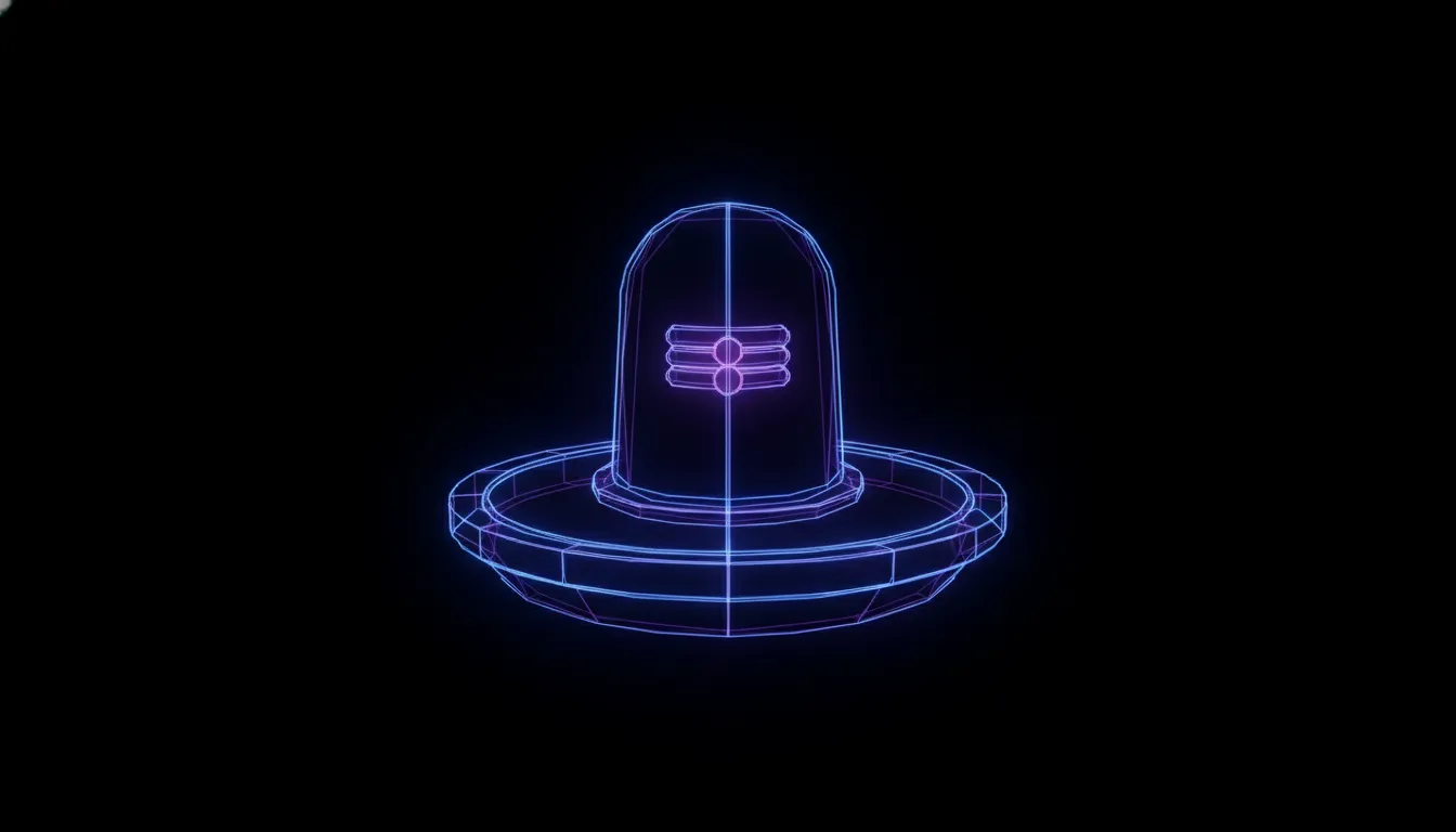 An amazing modern abstract shivling composed of glowing electric blue and violet neon lines.