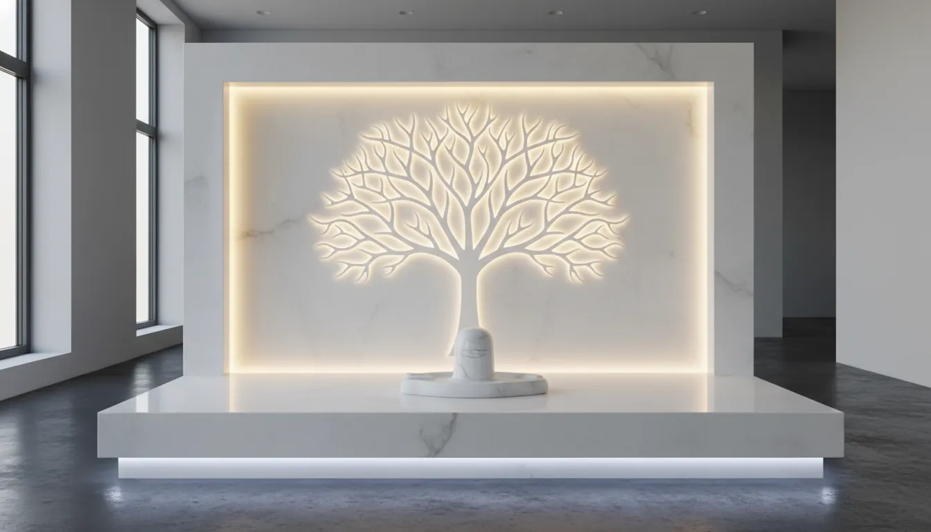 Seamless white corian mandir design with LED illumination and a white marble Shivling.