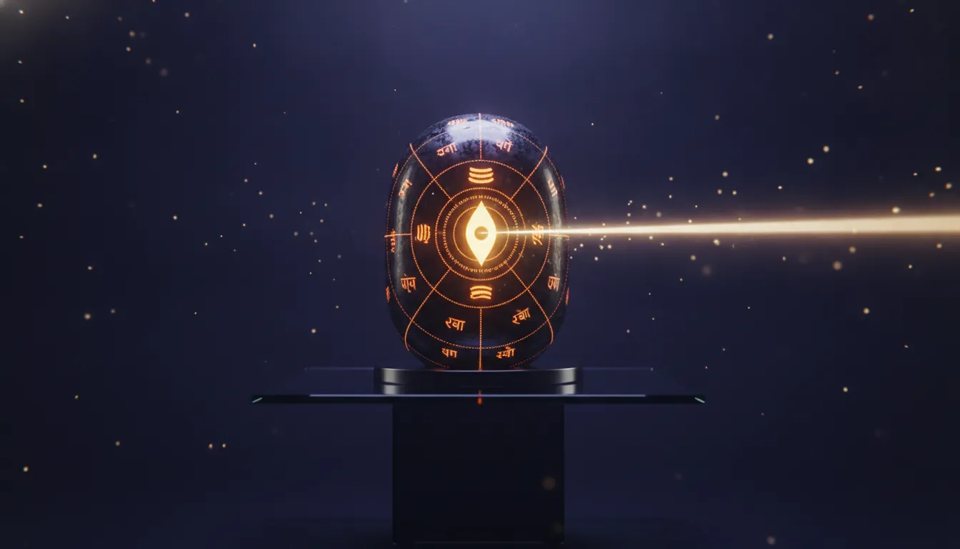 A modern digital artwork of a dark metallic Shivling with vibrant glowing neon lines and a bright laser-like third eye.