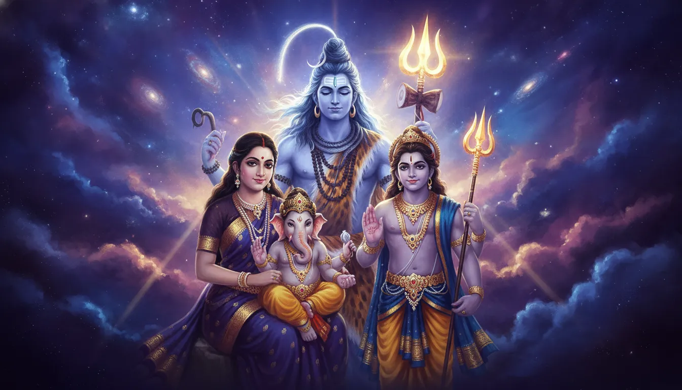 Modern digital art style illustration of Shiva Parvati family with vibrant lighting