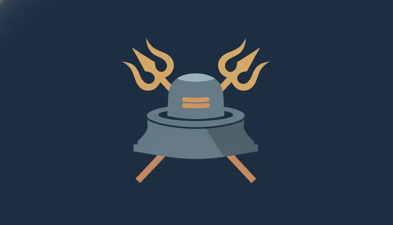 A modern flat design 2D vector graphic of a Shivling with a crossed Trishul, utilizing a contemporary color palette and geometric shapes.