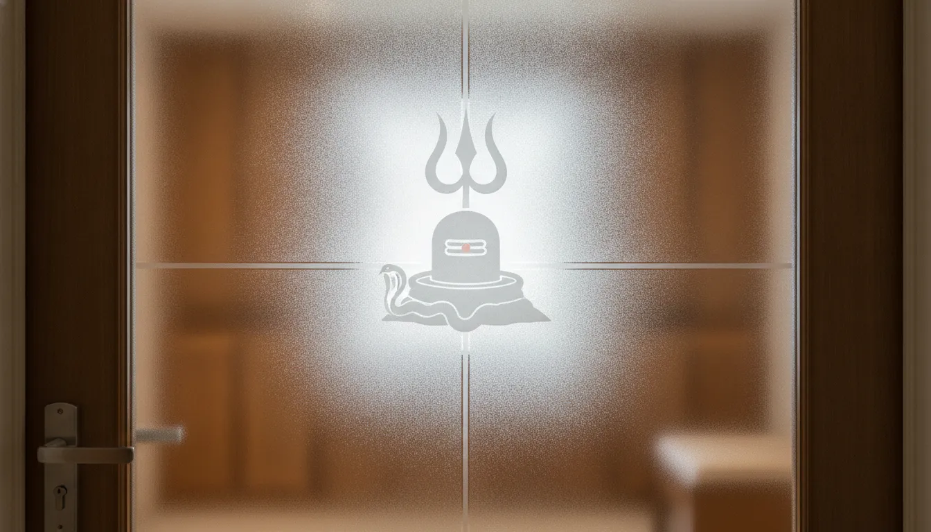 A modern frosted glass door featuring a beautifully etched Lord Shiva lingam silhouette for a contemporary home mandir.