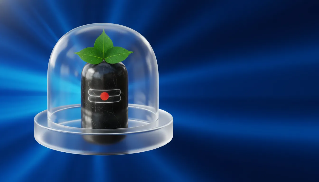 A modern digital render of a Shivling with Bili Patra featuring frosted glass elements on a vibrant blue background.