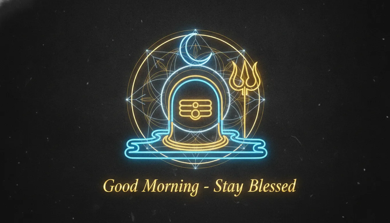 A dark background with a glowing neon outline of a Shivling and a bright mandala pattern for a morning wish.