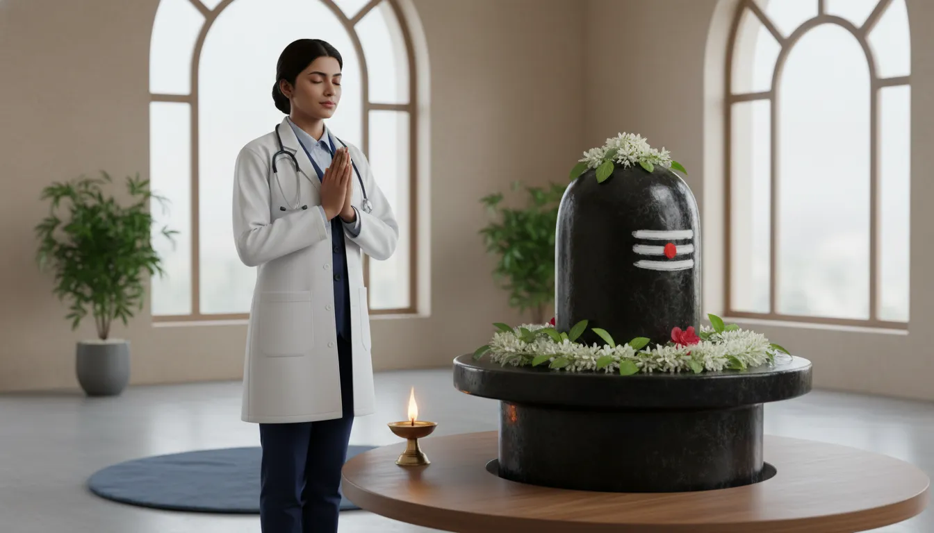 A modern healthcare professional standing respectfully with folded hands in front of a beautifully decorated Shivling.