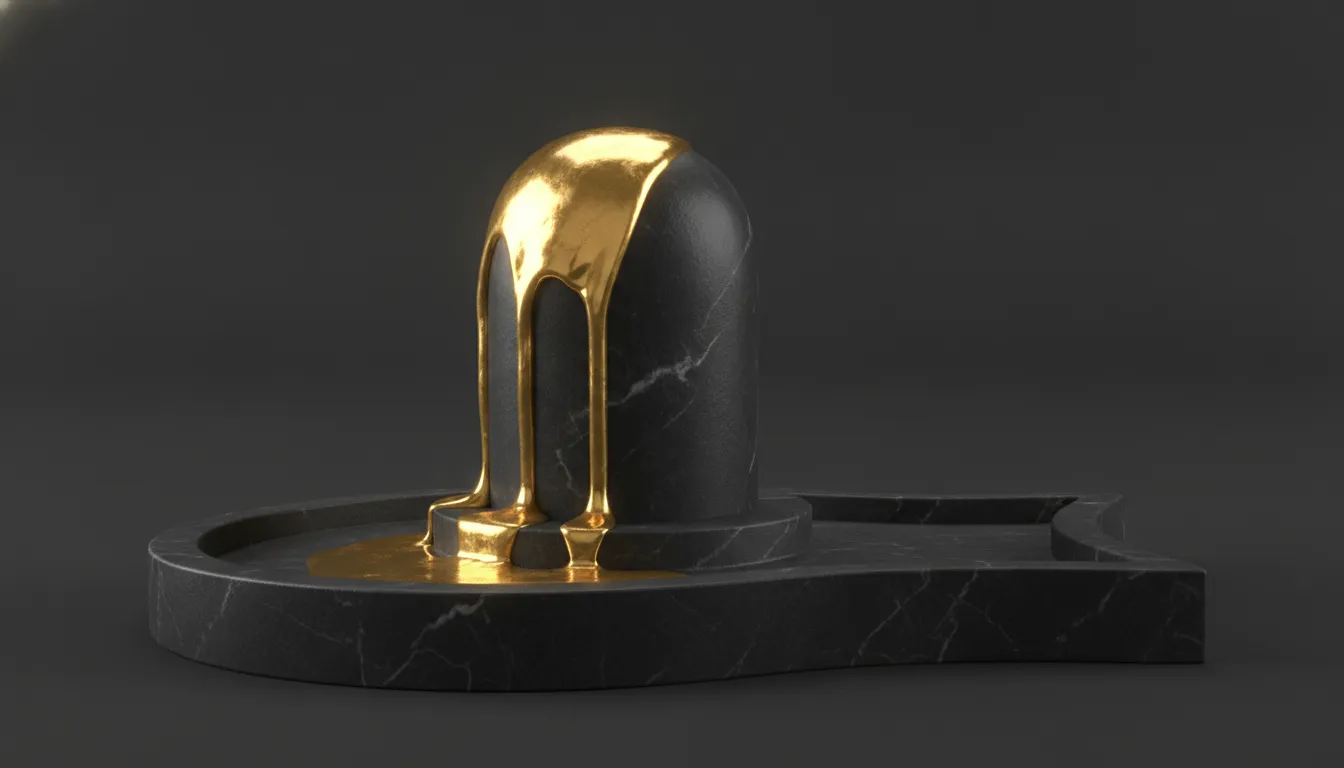 Digital art of a minimalist black marble Shivling with glowing liquid gold pouring over it beautifully.