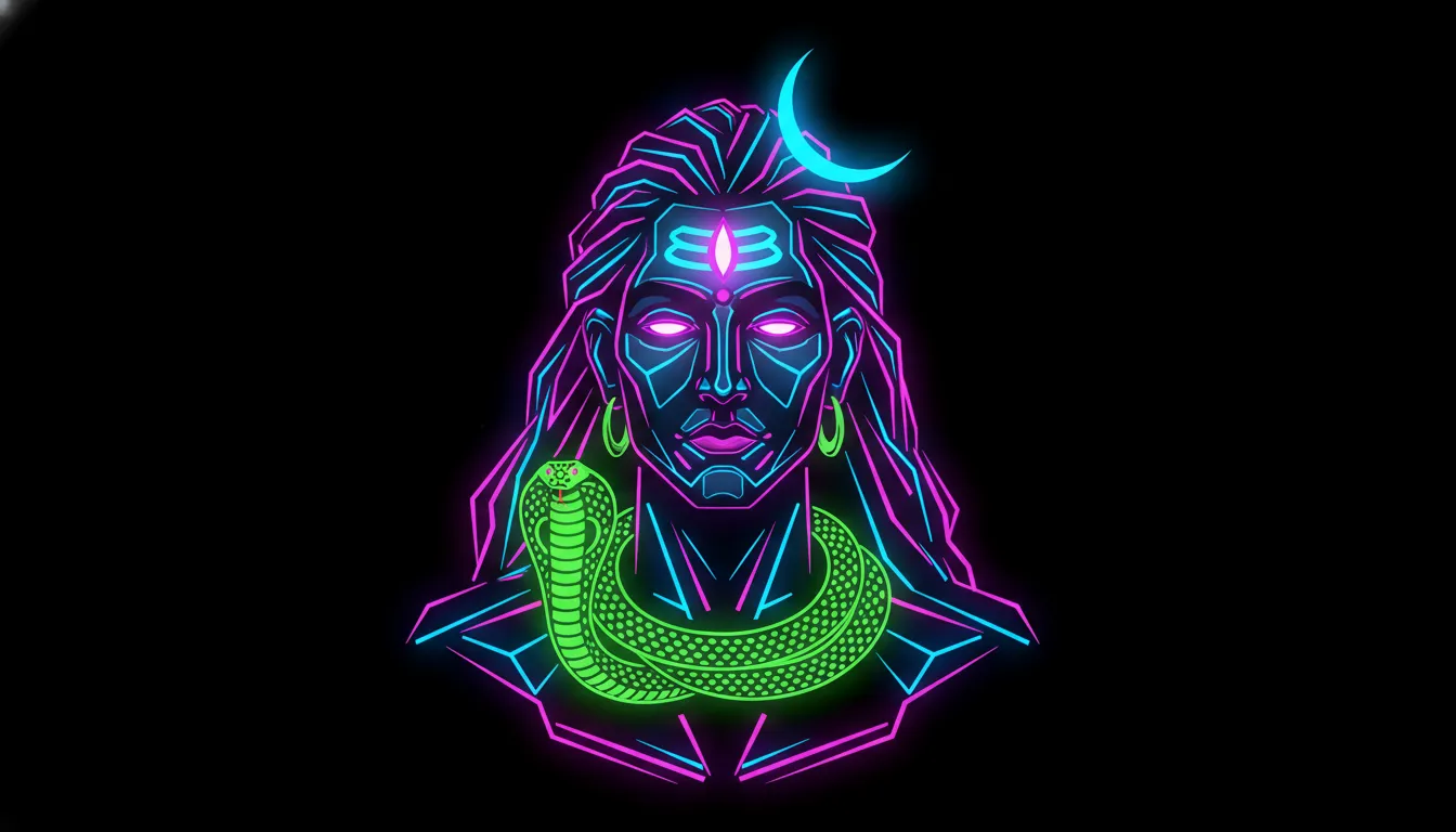 Cyberpunk style neon graphic illustration of Lord Shiva with glowing lines