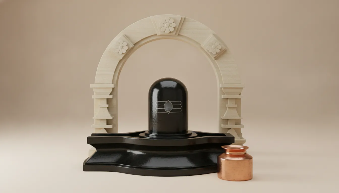 Minimalist cream colored sandstone architecture framing a smooth black stone shivling.